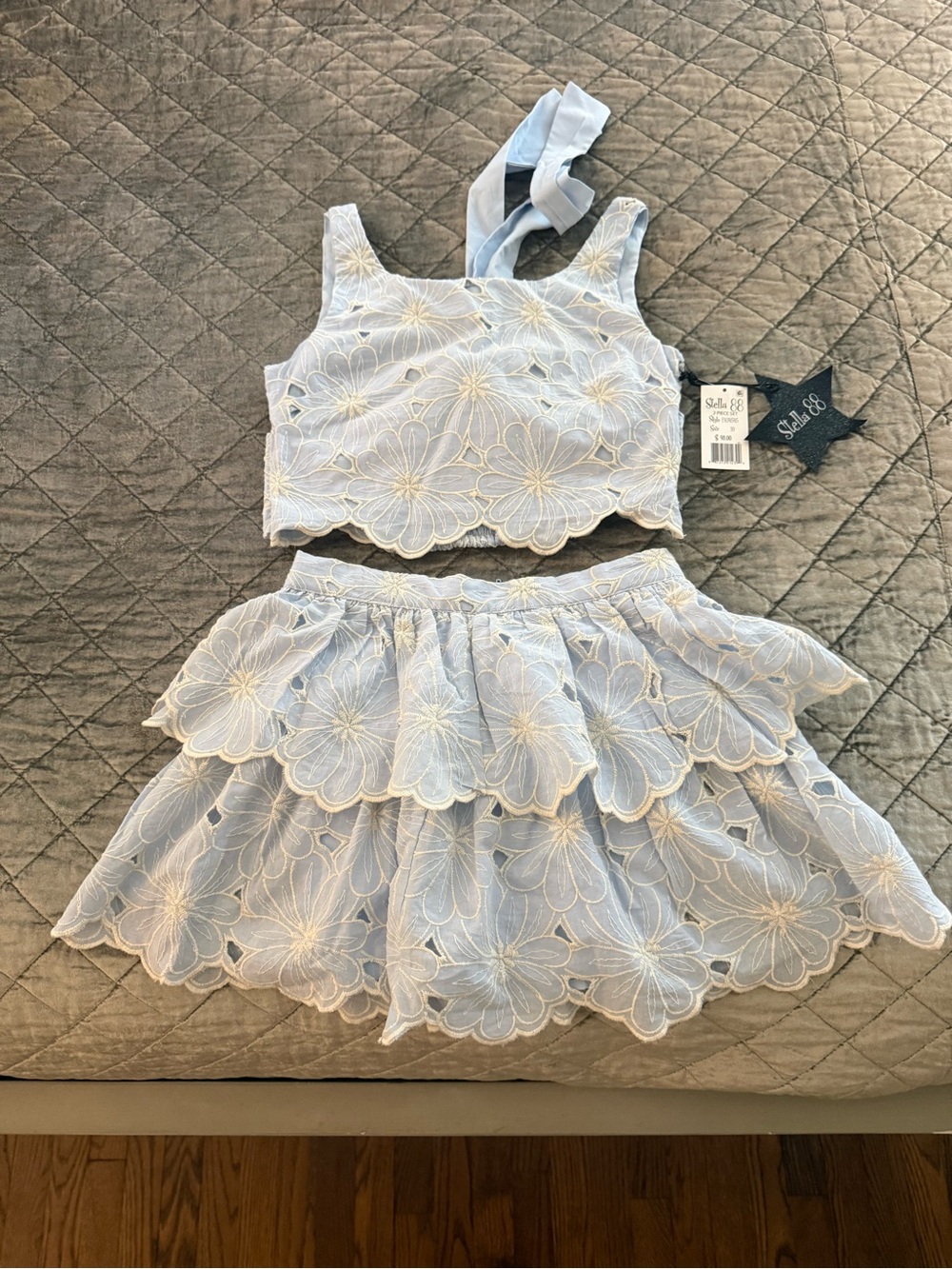 NWT Girl’s Stella 88 Light Blue Floral Crop Top & Tiered Skirt Set